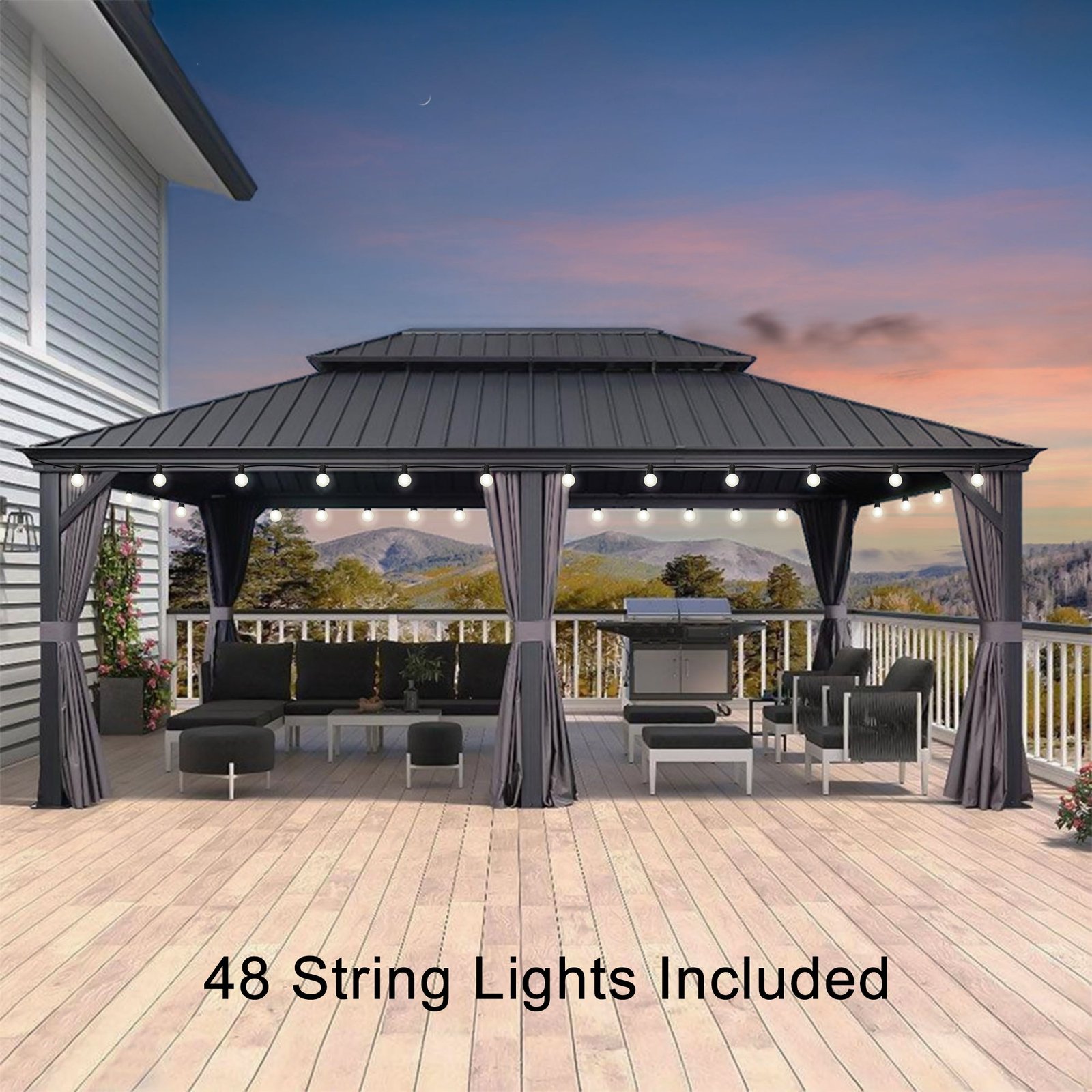 Gazebo for Backyard Grey Hardtop Galvanized Steel Roof Awning String Lights-milky - Image 40