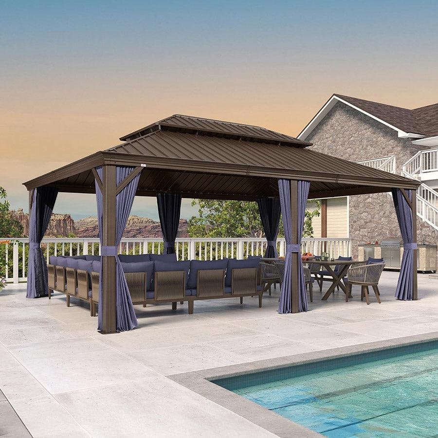 Outdoor Hardtop Gazebo for Patio Bronze Aluminum Frame Pavilion with Navy-Blue Curtain and String Lights-milky - Image 53