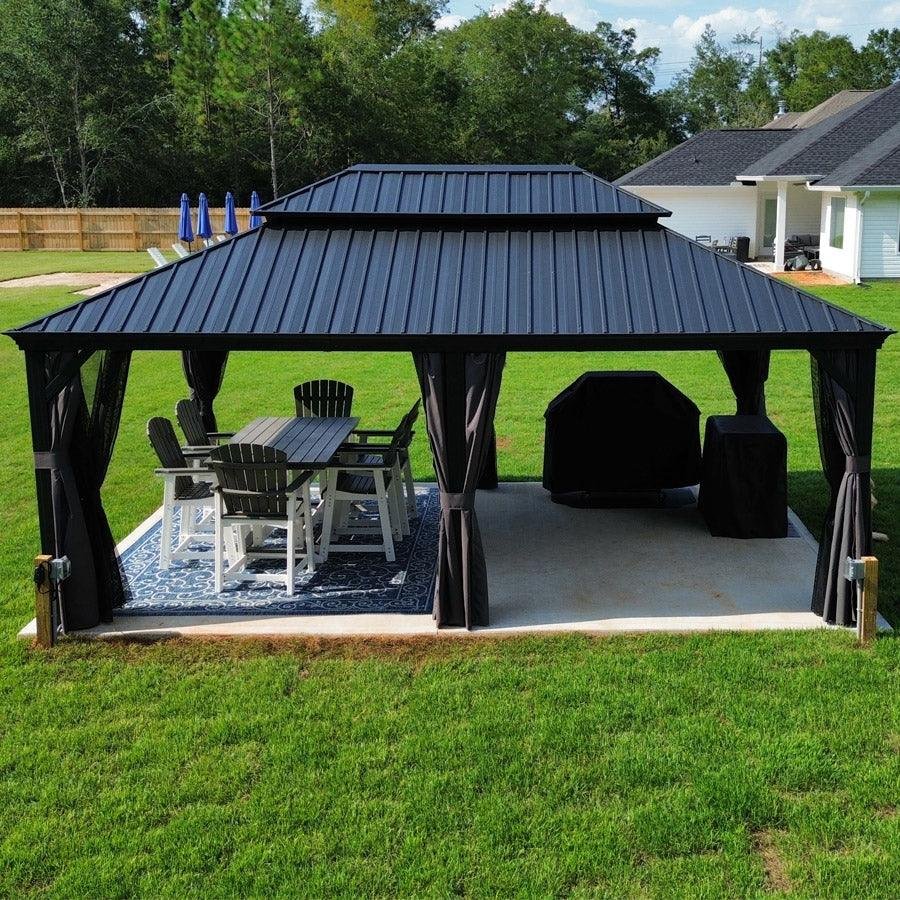 Patio Gazebo for Backyard Grey Hardtop Galvanized Steel Roof Awning with Upgrade Curtain - Image 103