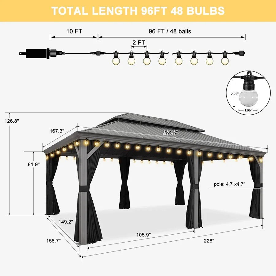 Patio Gazebo for Pool Light Grey Hardtop Galvanized Steel Roof with String Lights-clear - Image 101