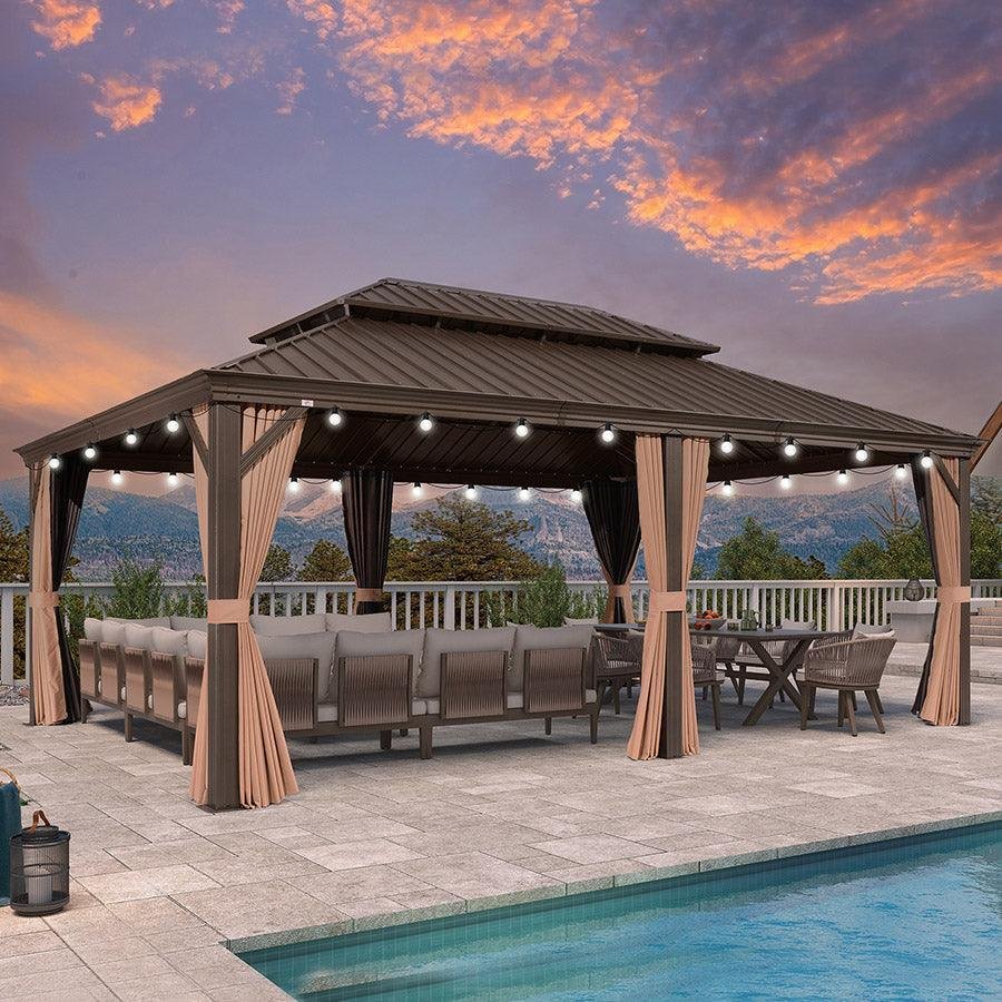 Outdoor Hardtop Gazebo for Garden Bronze Double Roof Aluminum Frame Pavilion with String Lights-clear - Image 77