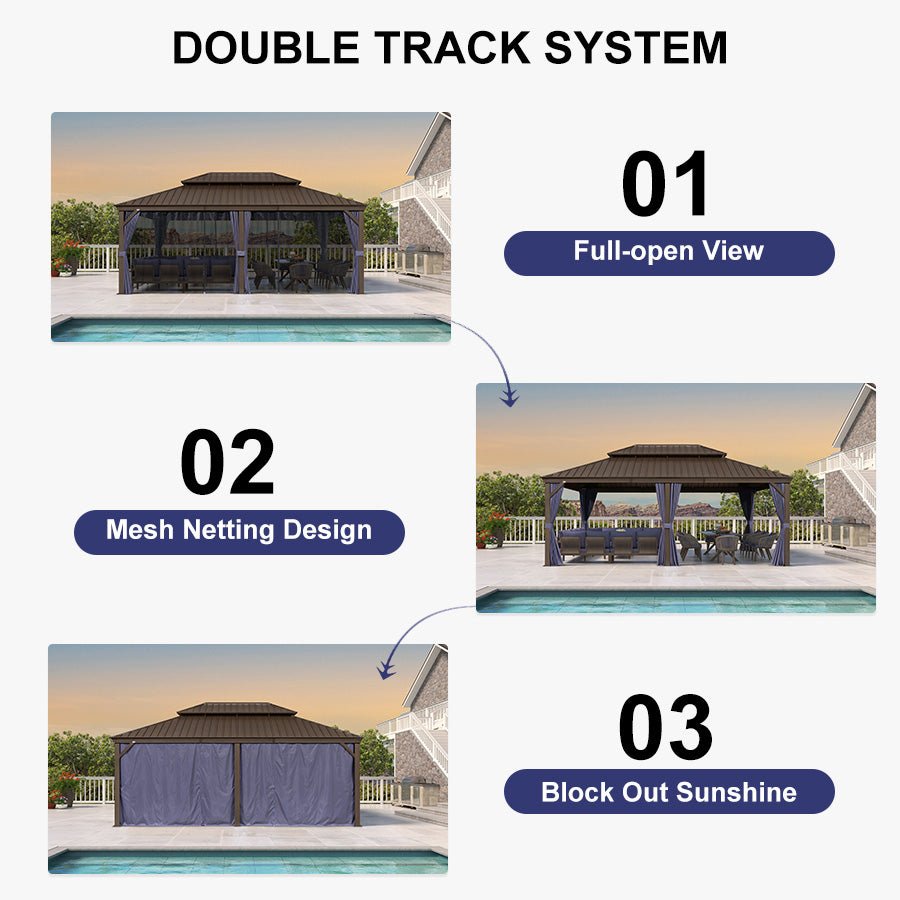 Outdoor Hardtop Gazebo for Patio Bronze Aluminum Frame Pavilion with Navy-Blue Curtain and String Lights-milky - Image 85