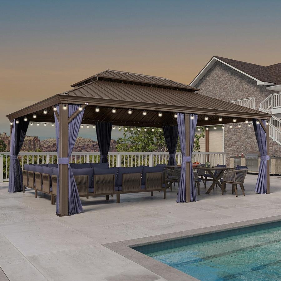 Outdoor Hardtop Gazebo for Patio Bronze Aluminum Frame Pavilion with Navy-Blue Curtain and String Lights-milky - Image 65