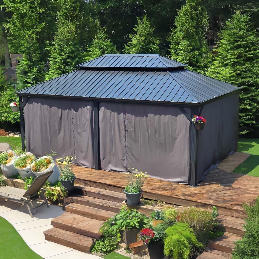 Patio Gazebo for Backyard Grey Hardtop Galvanized Steel Roof Awning with Upgrade Curtain - Image 74
