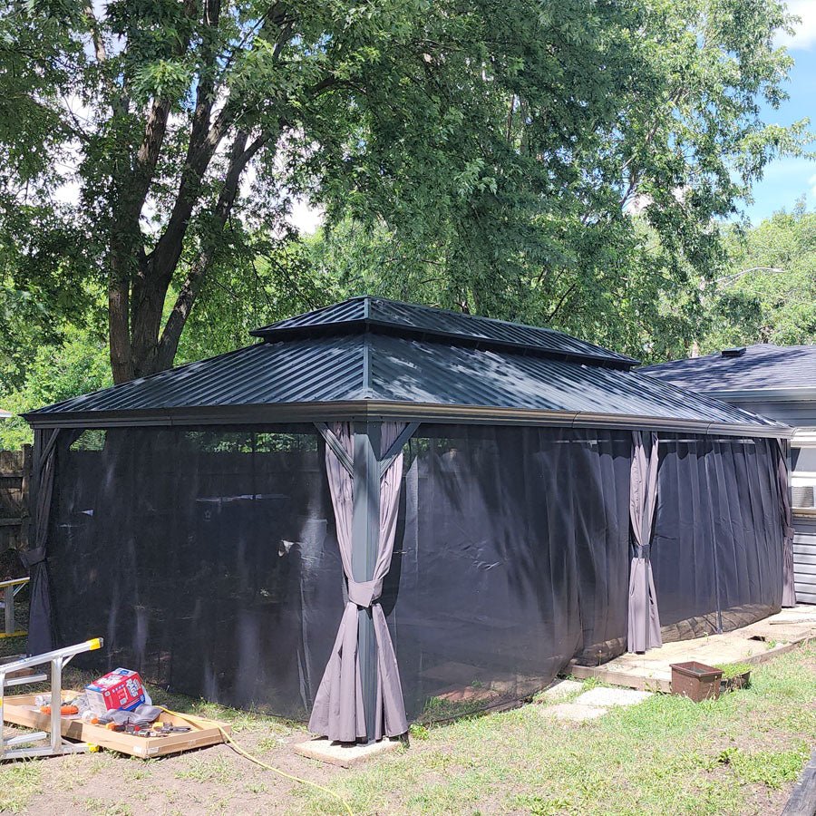 Patio Gazebo for Backyard Grey Hardtop Galvanized Steel Roof Awning with Upgrade Curtain - Image 134