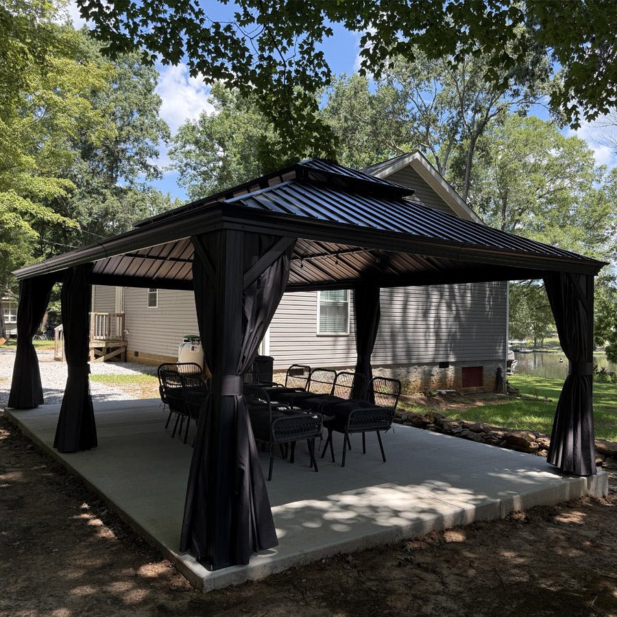 Gazebo for Backyard Grey Hardtop Galvanized Steel Roof Awning String Lights-milky - Image 108