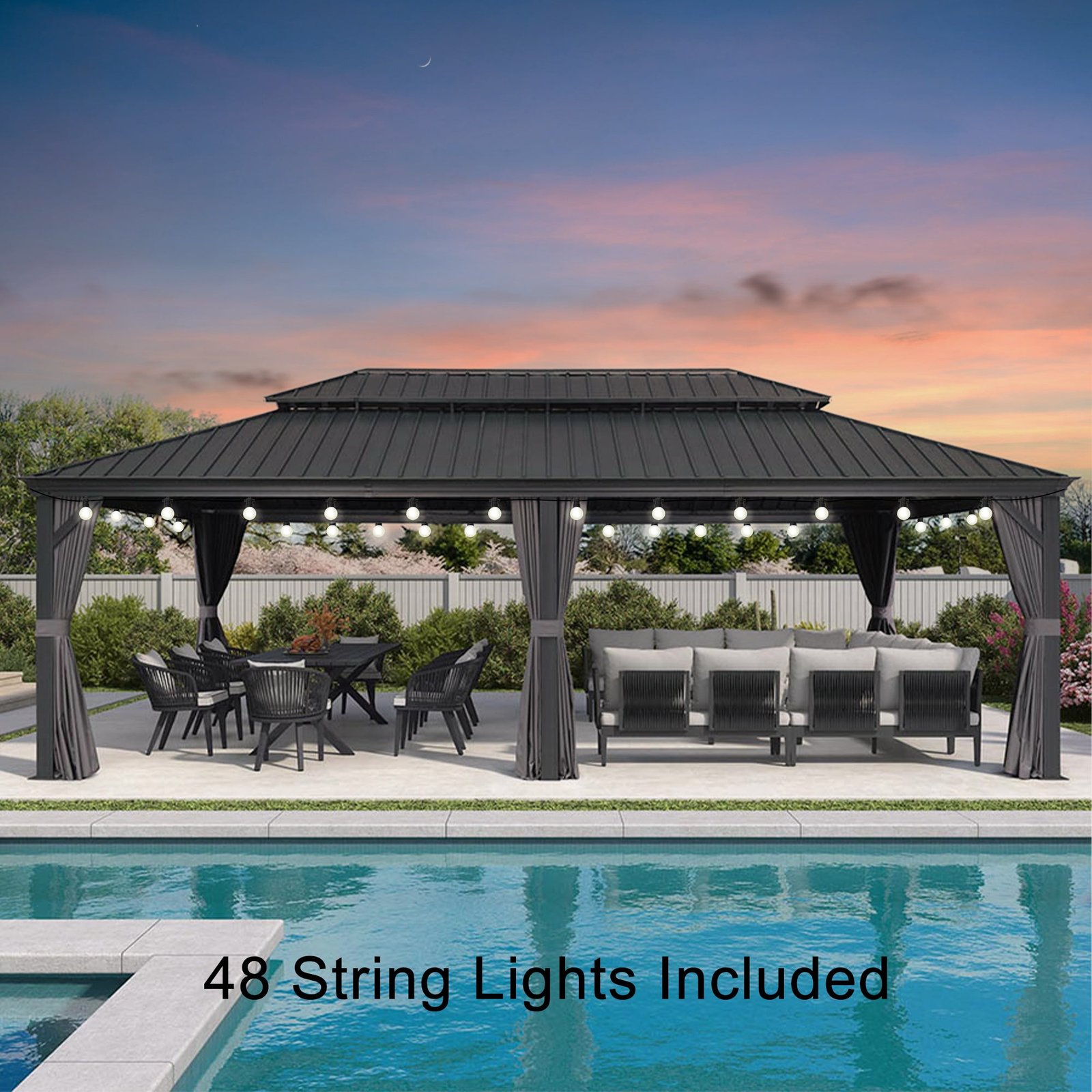 Gazebo for Backyard Grey Hardtop Galvanized Steel Roof Awning String Lights-milky - Image 39