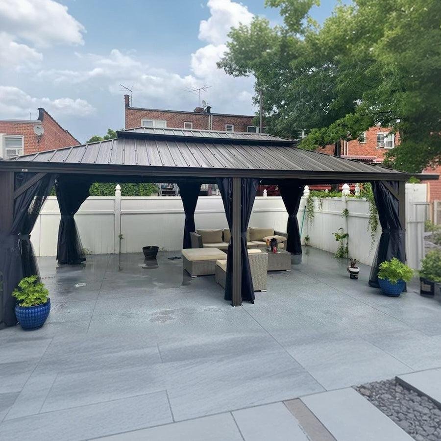Outdoor Hardtop Gazebo for Patio Bronze Aluminum Frame Pavilion with Navy-Blue Curtain and String Lights-milky - Image 96