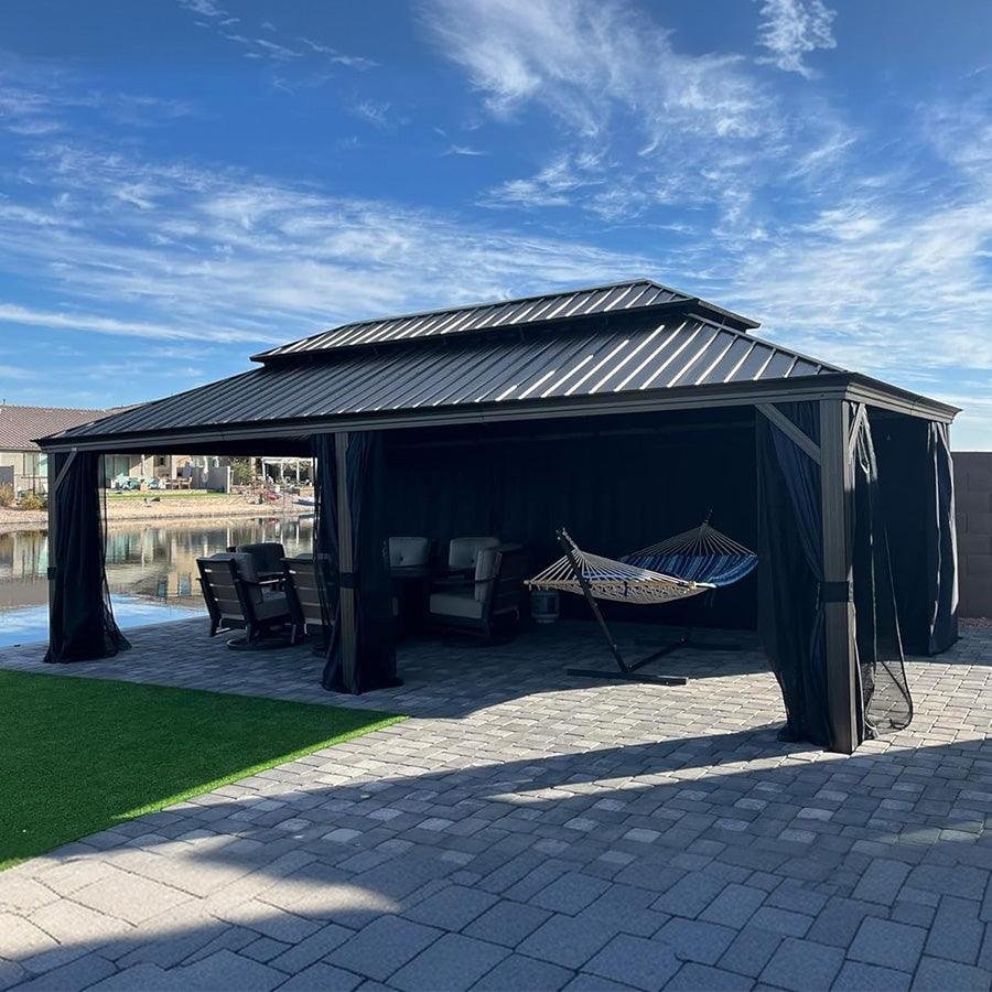 Outdoor Hardtop Gazebo for Patio Bronze Aluminum Frame Pavilion with Navy-Blue Curtain and String Lights-milky - Image 98