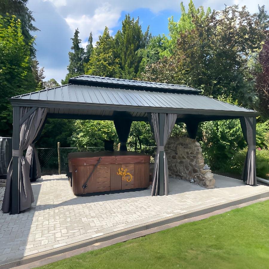Patio Gazebo for Backyard Grey Hardtop Galvanized Steel Roof Awning with Upgrade Curtain - Image 75