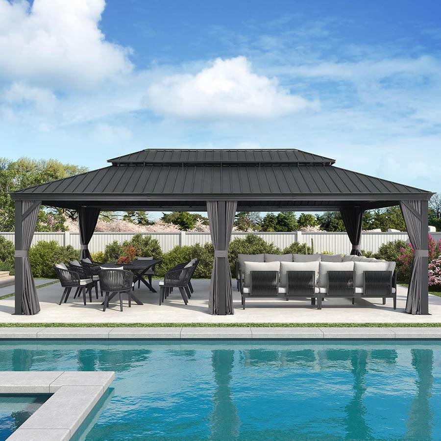 Patio Gazebo for Backyard Grey Hardtop Galvanized Steel Roof Awning with Upgrade Curtain - Image 66