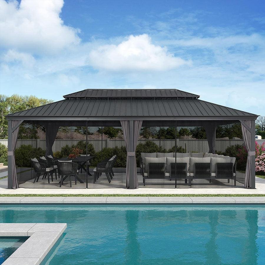 Patio Gazebo for Backyard Grey Hardtop Galvanized Steel Roof Awning with Upgrade Curtain - Image 70