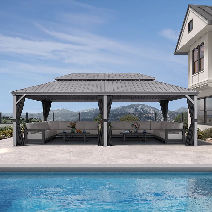 Patio Gazebo for Pool Light Grey Hardtop Galvanized Steel Roof with Upgraded Curtains - Image 112