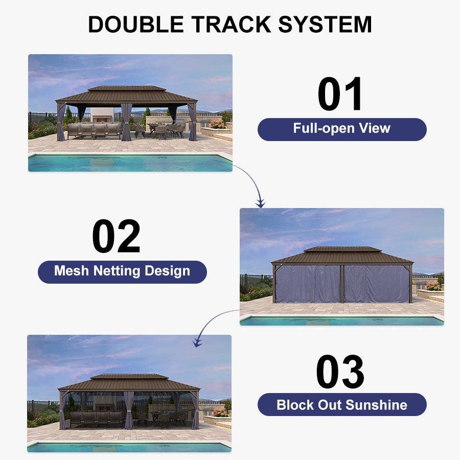 Outdoor Hardtop Gazebo for Patio Bronze Aluminum Frame Pavilion with Navy-Blue Curtain and String Lights-milky - Image 90