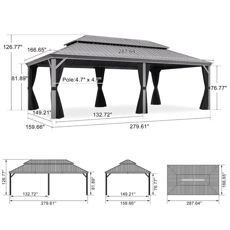 Patio Gazebo for Pool Light Grey Hardtop Galvanized Steel Roof with Upgraded Curtains - Image 121