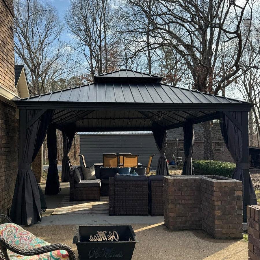 Patio Gazebo for Backyard Grey Hardtop Galvanized Steel Roof Awning with Upgrade Curtain - Image 104