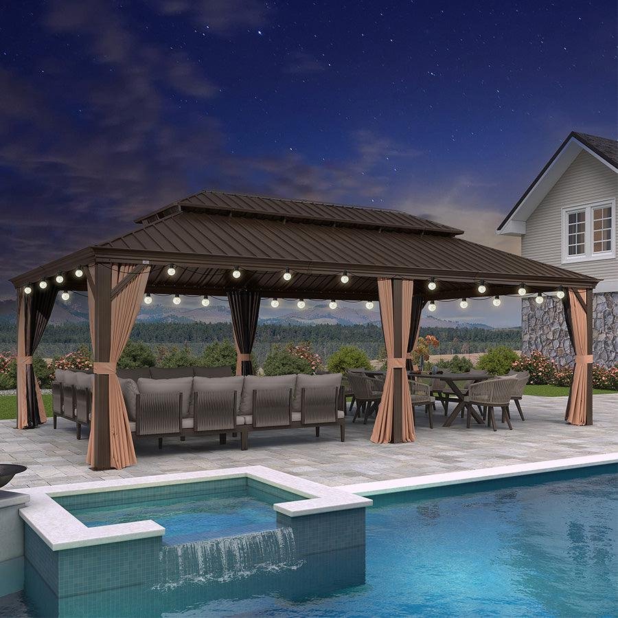 Outdoor Hardtop Gazebo for Garden Bronze Double Roof Aluminum Frame Pavilion with String Lights-clear - Image 75