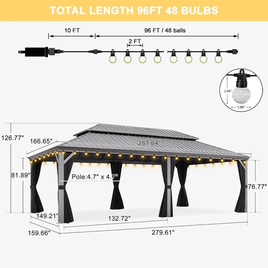 Patio Gazebo for Pool Light Grey Hardtop Galvanized Steel Roof with String Lights-clear - Image 102