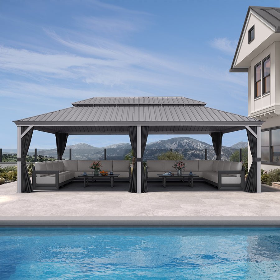 Patio Gazebo for Pool Light Grey Hardtop Galvanized Steel Roof with String Lights-clear - Image 84