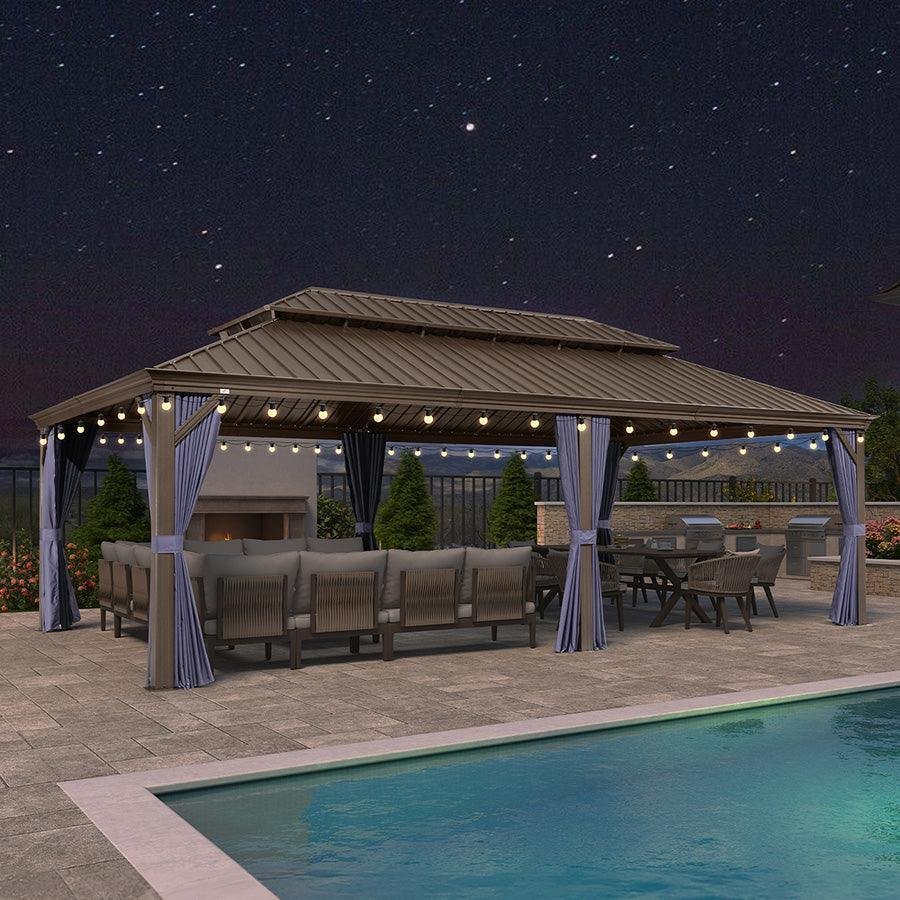 Outdoor Hardtop Gazebo for Patio Bronze Aluminum Frame Pavilion with Navy-Blue Curtain and String Lights-milky - Image 62