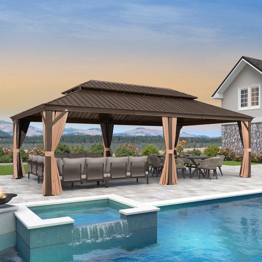 Outdoor Hardtop Gazebo for Garden Bronze Double Roof Aluminum Frame Pavilion with String Lights-milky - Image 65