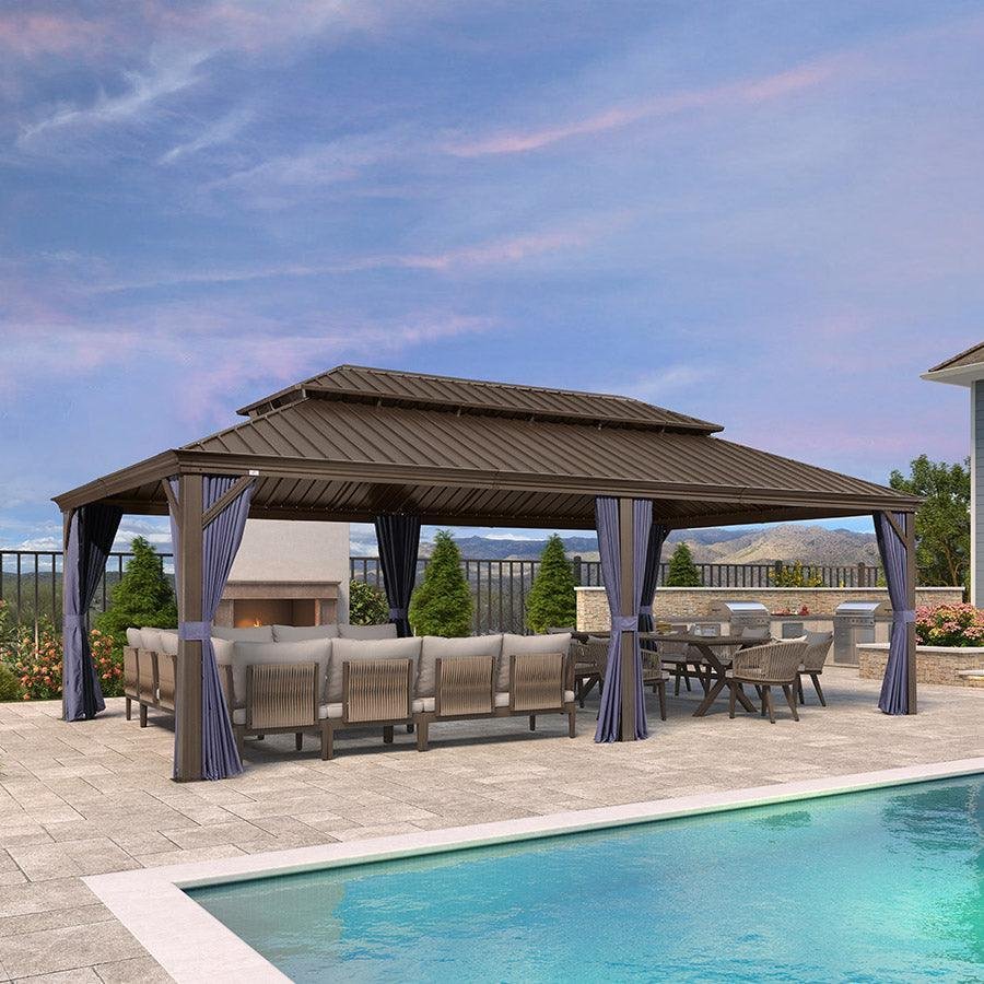 Outdoor Hardtop Gazebo for Patio Bronze Aluminum Frame Pavilion with Navy-Blue Curtain and String Lights-milky - Image 56