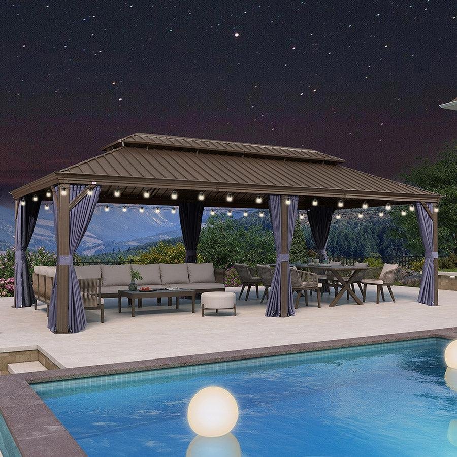 Outdoor Hardtop Gazebo for Patio Bronze Aluminum Frame Pavilion with Navy-Blue Curtain and String Lights-clear - Image 69