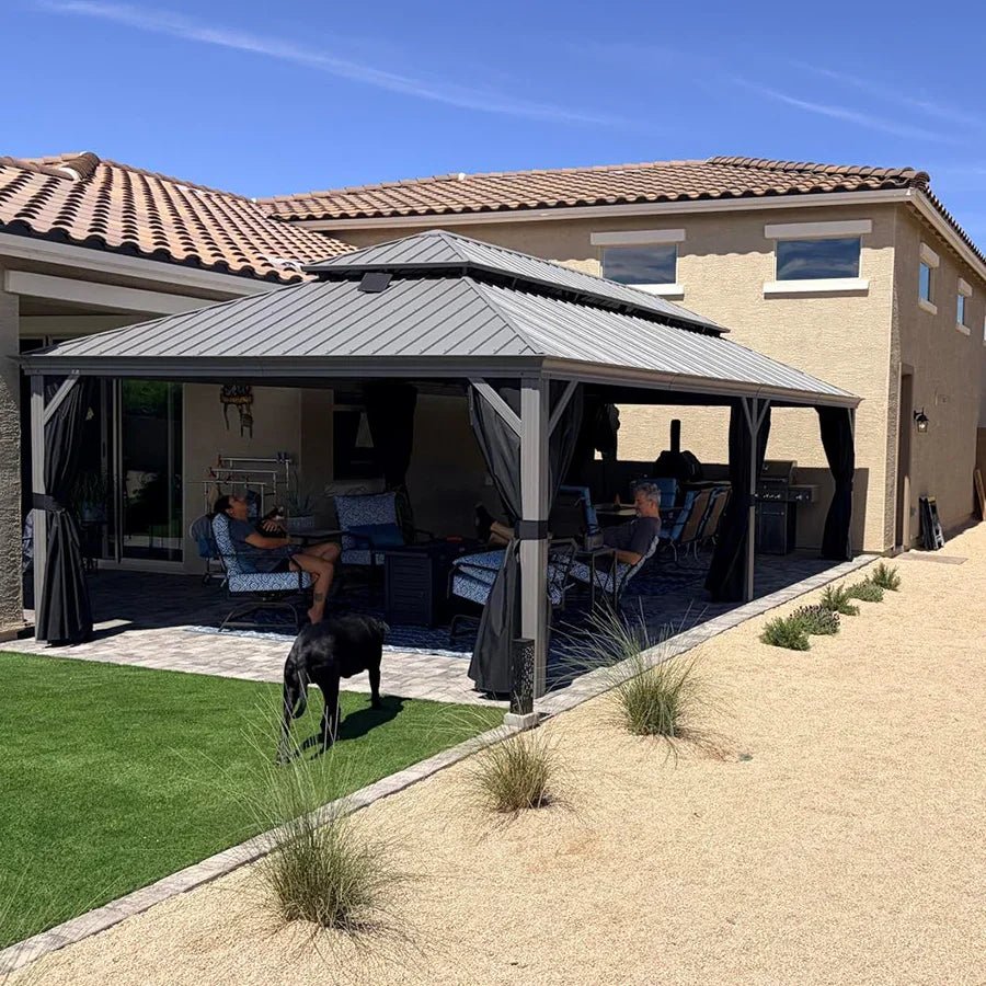 Patio Gazebo for Pool Light Grey Hardtop Galvanized Steel Roof with Upgraded Curtains - Image 126