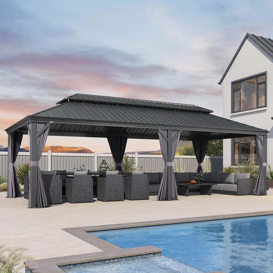 Patio Gazebo for Backyard Grey Hardtop Galvanized Steel Roof Awning with Upgrade Curtain - Image 119