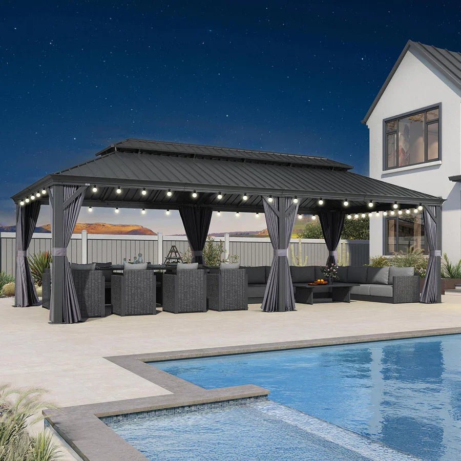Gazebo for Backyard Grey Hardtop Galvanized Steel Roof Awning String Lights-milky - Image 74