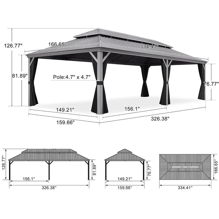 Patio Gazebo for Pool Light Grey Hardtop Galvanized Steel Roof with Upgraded Curtains - Image 120