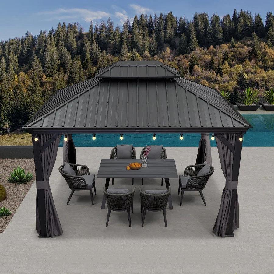 Gazebo for Backyard Grey Hardtop Galvanized Steel Roof Awning with String Lights-clear - Image 65