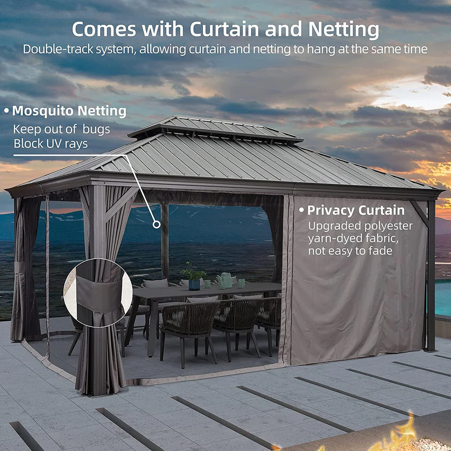 Gazebo for Backyard Grey Hardtop Galvanized Steel Roof Awning String Lights-milky - Image 18