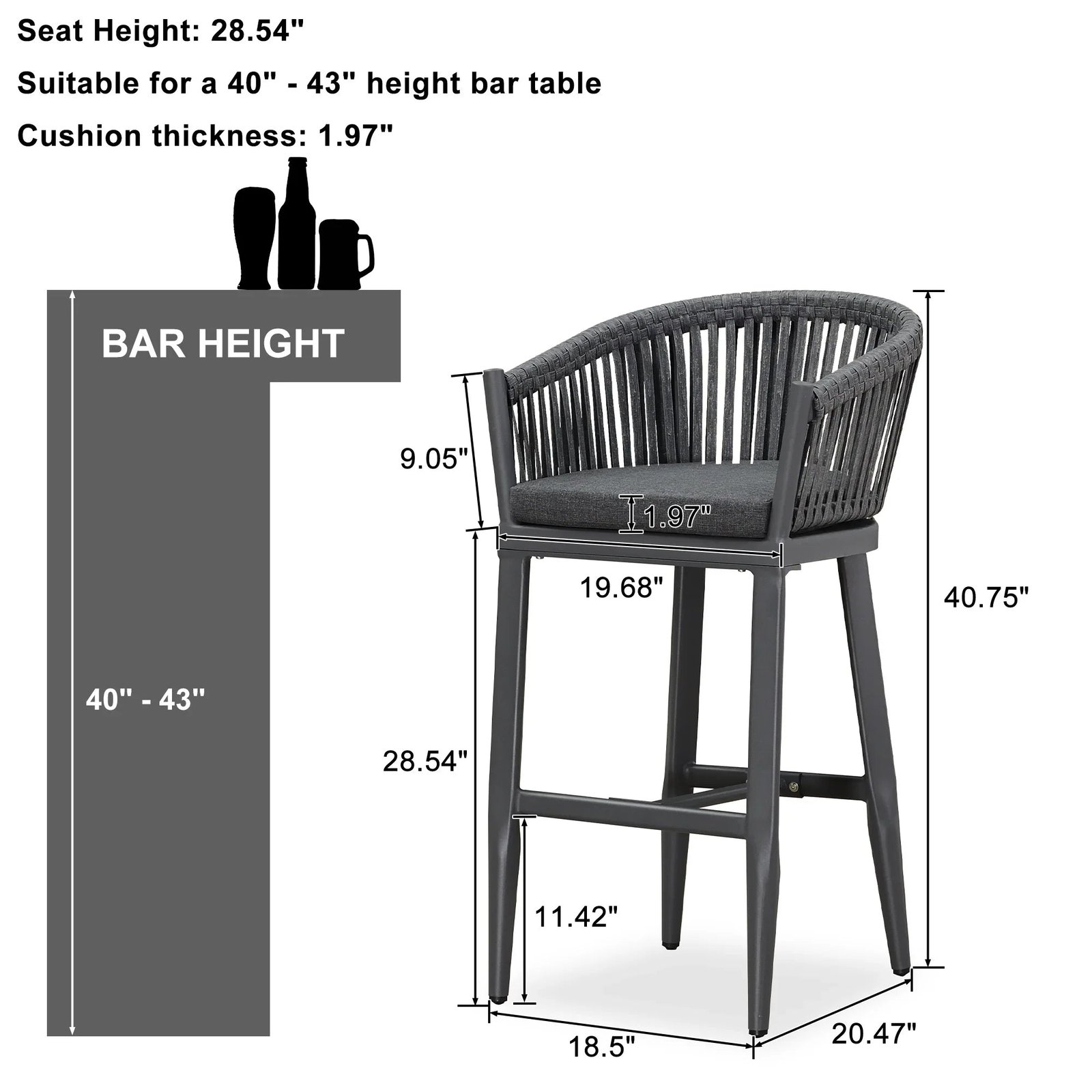 Counter Stools Bar Stools Rattan Bar Stools Wicker Bar Chairs Woven Aluminum Barstools with Back and Cushions - Image 74