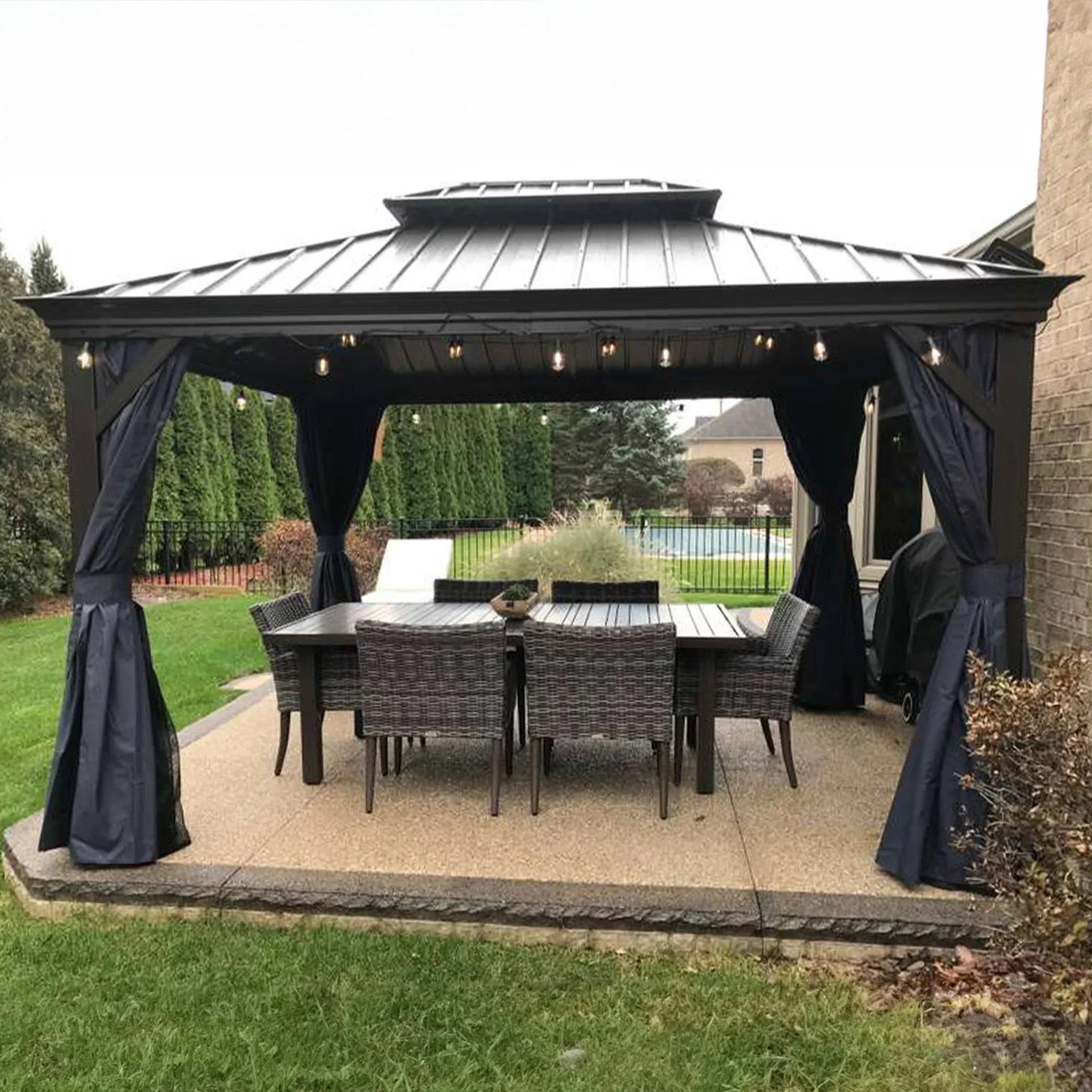 Outdoor Hardtop Gazebo for Patio Bronze Aluminum Frame Pavilion with Navy-Blue Curtain and String Lights-milky - Image 115