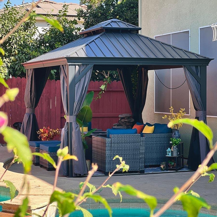 Patio Gazebo for Backyard Grey Hardtop Galvanized Steel Roof Awning with Upgrade Curtain - Image 86