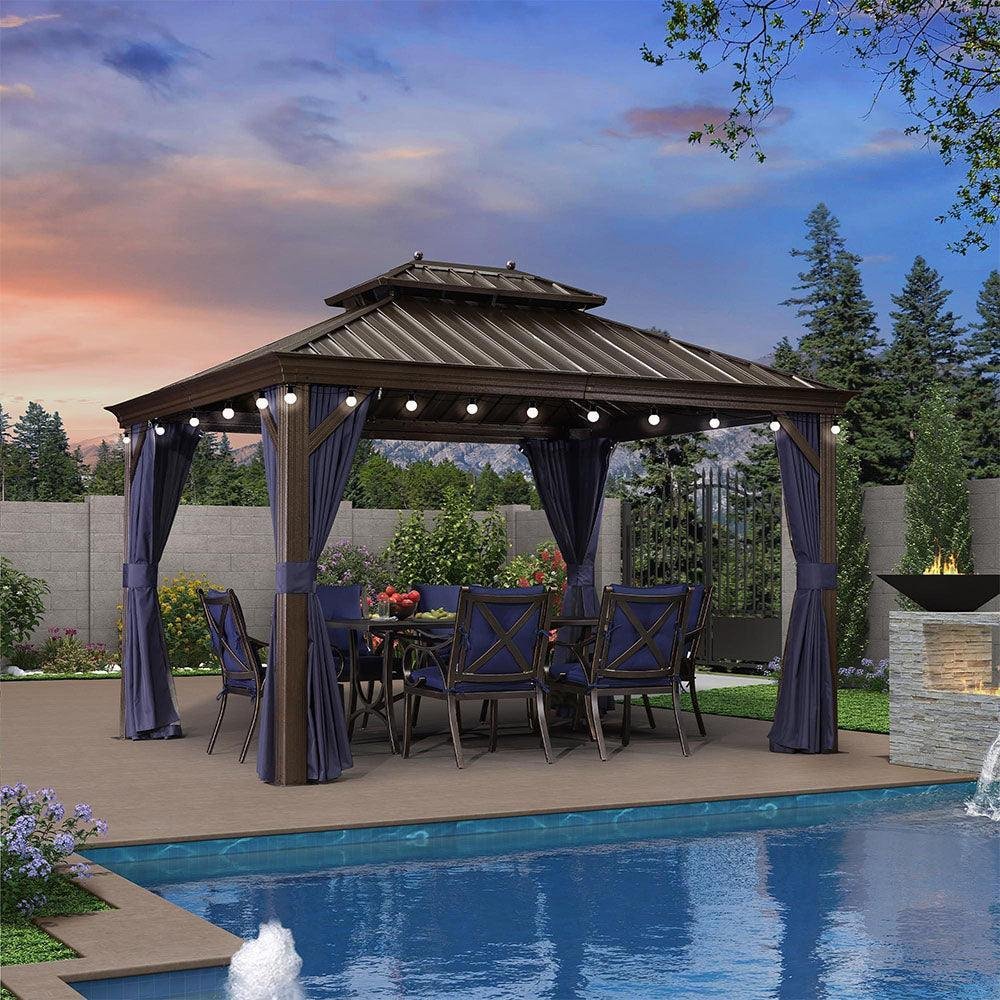 Outdoor Hardtop Gazebo for Patio Bronze Aluminum Frame Pavilion with Navy-Blue Curtain and String Lights-milky - Image 49