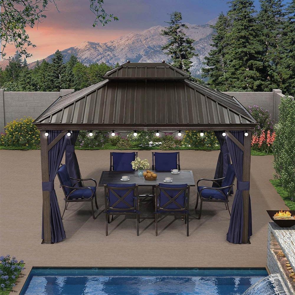 Outdoor Hardtop Gazebo for Patio Bronze Aluminum Frame Pavilion with Navy-Blue Curtain and String Lights-milky - Image 48