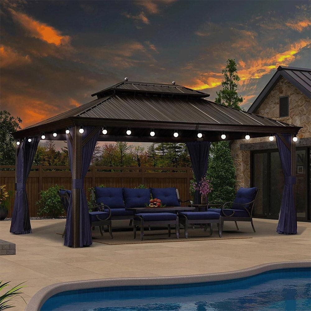 Outdoor Hardtop Gazebo for Patio Bronze Aluminum Frame Pavilion with Navy-Blue Curtain and String Lights-clear - Image 54