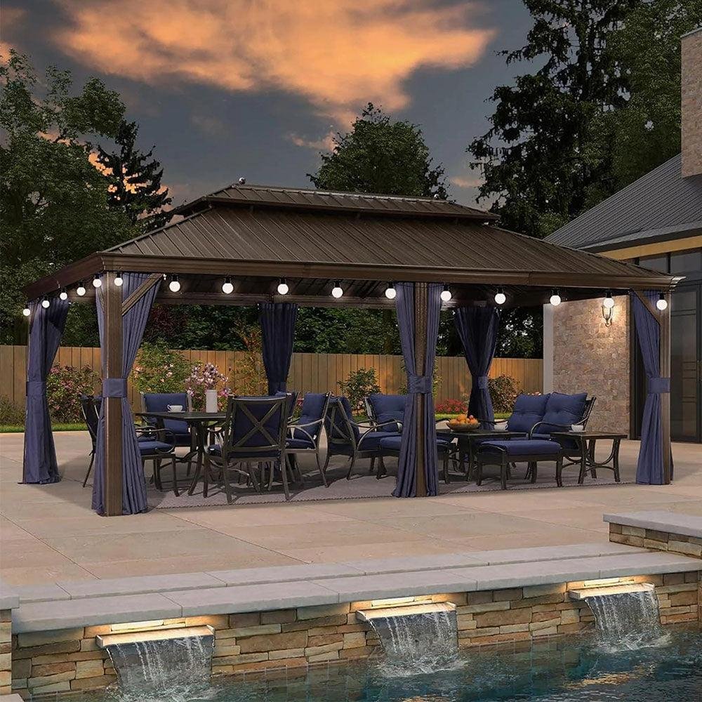Outdoor Hardtop Gazebo for Patio Bronze Aluminum Frame Pavilion with Navy-Blue Curtain and String Lights-clear - Image 55
