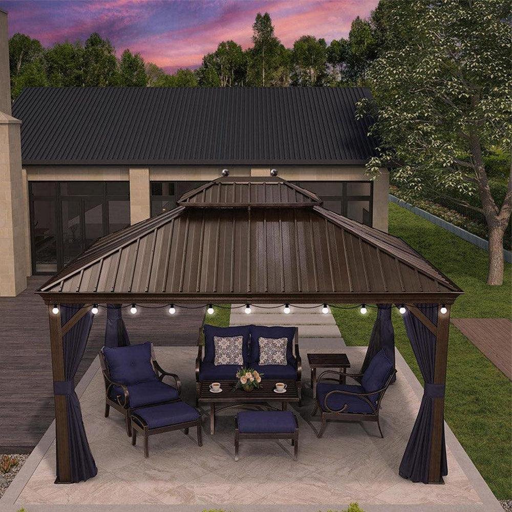 Outdoor Hardtop Gazebo for Patio Bronze Aluminum Frame Pavilion with Navy-Blue Curtain and String Lights-clear - Image 53