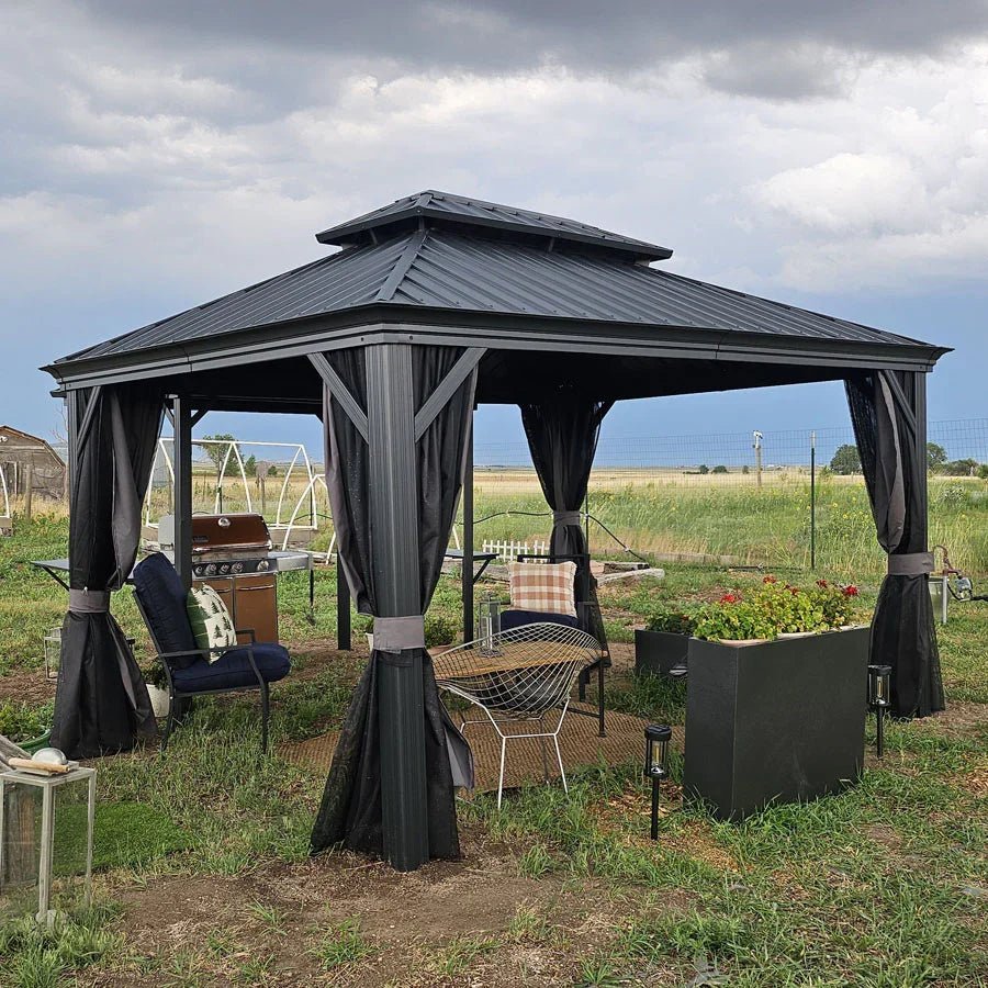 Patio Gazebo for Backyard Grey Hardtop Galvanized Steel Roof Awning with Upgrade Curtain - Image 120
