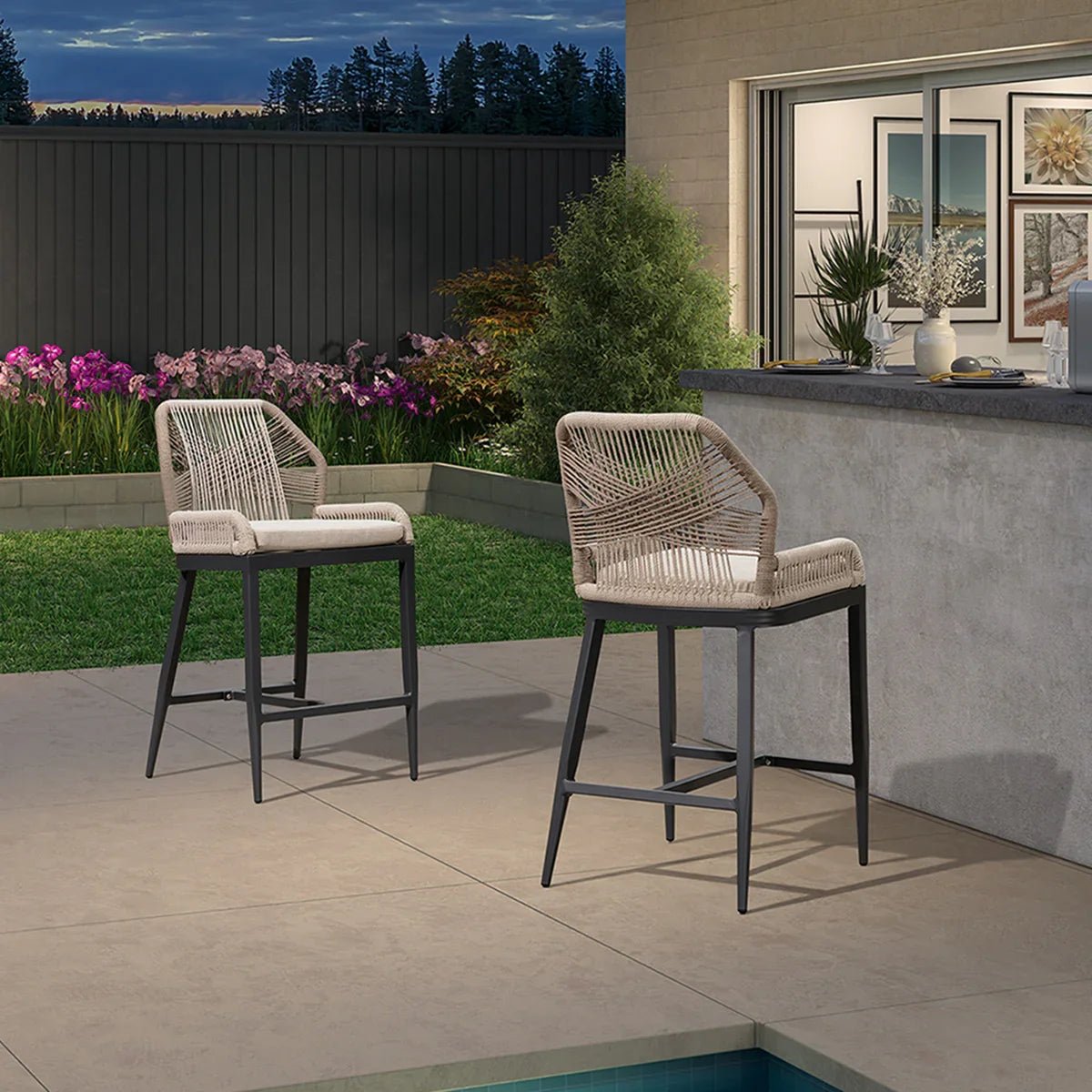 Bar Stools Set of 4 Outdoor Aluminum Barstools with Back Modern Wicker Rattan Boho Garden Pool Patio Bar Chairs - Image 6