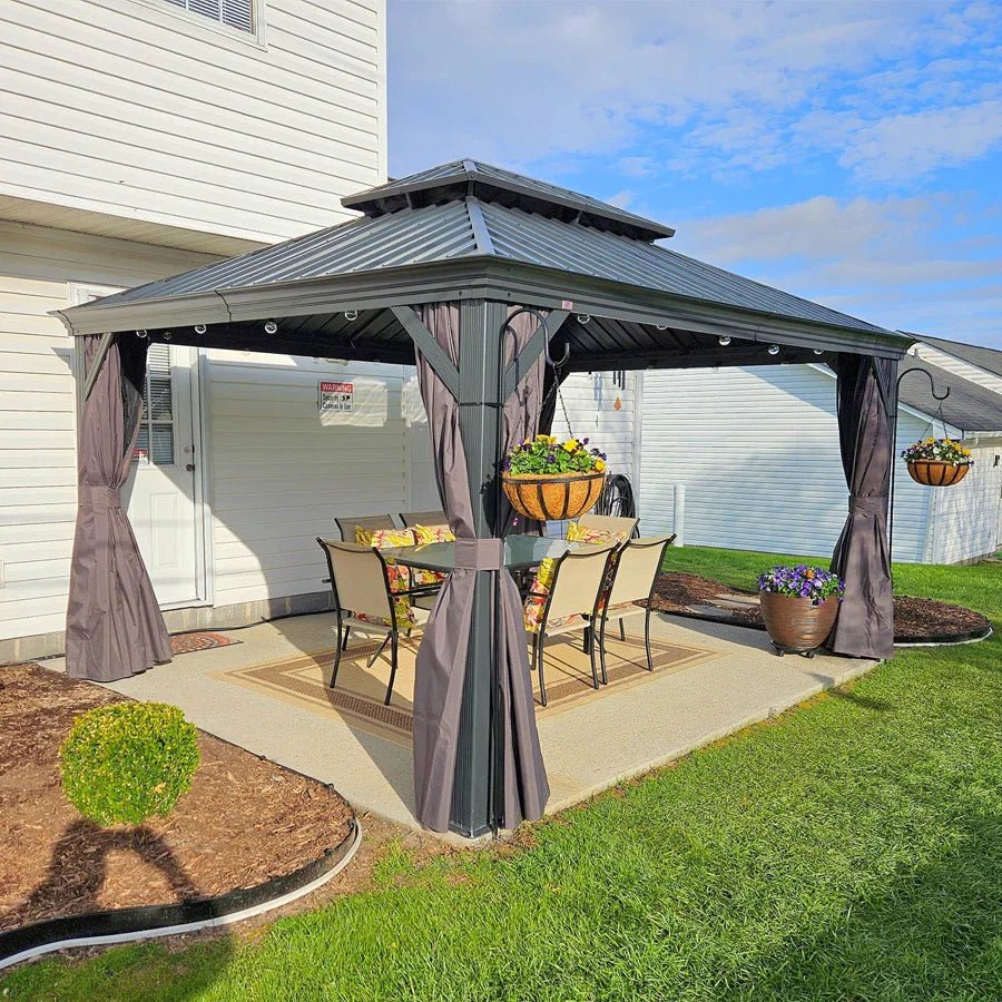 Patio Gazebo for Backyard Grey Hardtop Galvanized Steel Roof Awning with Upgrade Curtain - Image 109