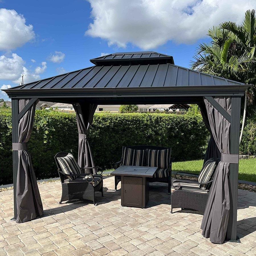 Patio Gazebo for Backyard Grey Hardtop Galvanized Steel Roof Awning with Upgrade Curtain - Image 85