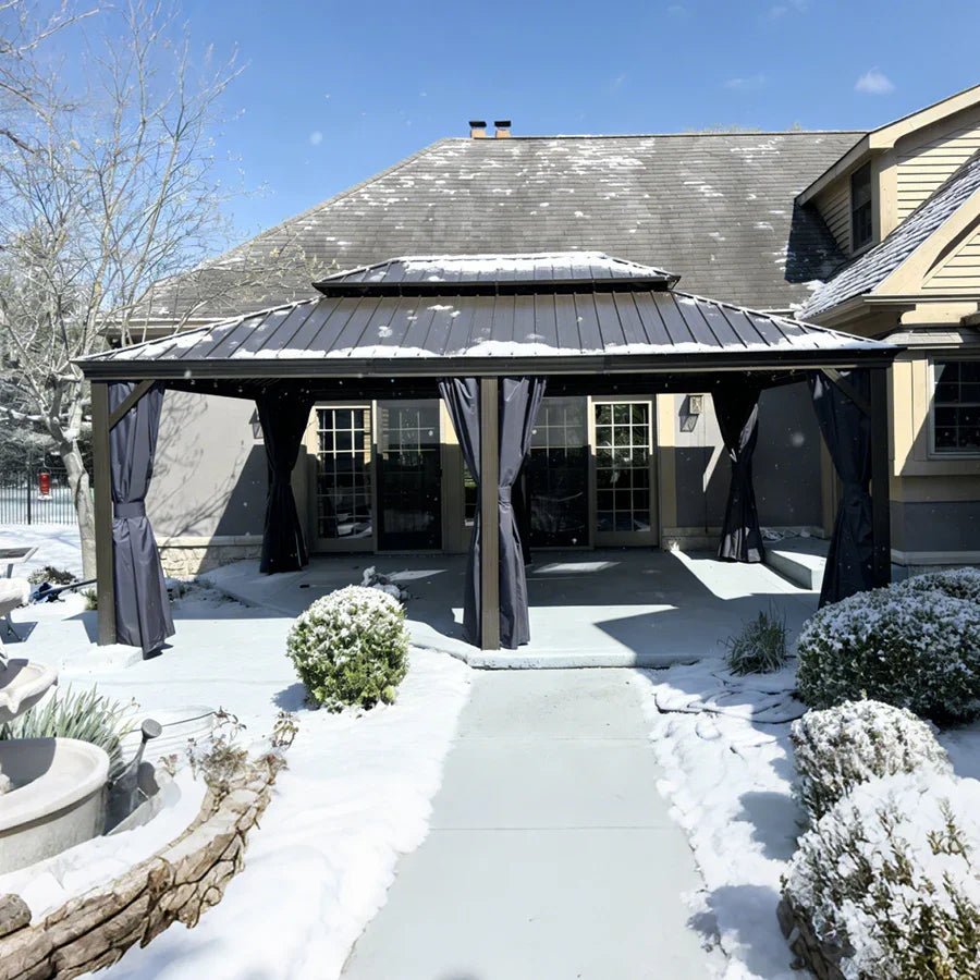Outdoor Hardtop Gazebo for Patio Bronze Aluminum Frame Pavilion with Navy-Blue Curtain and String Lights-milky - Image 104