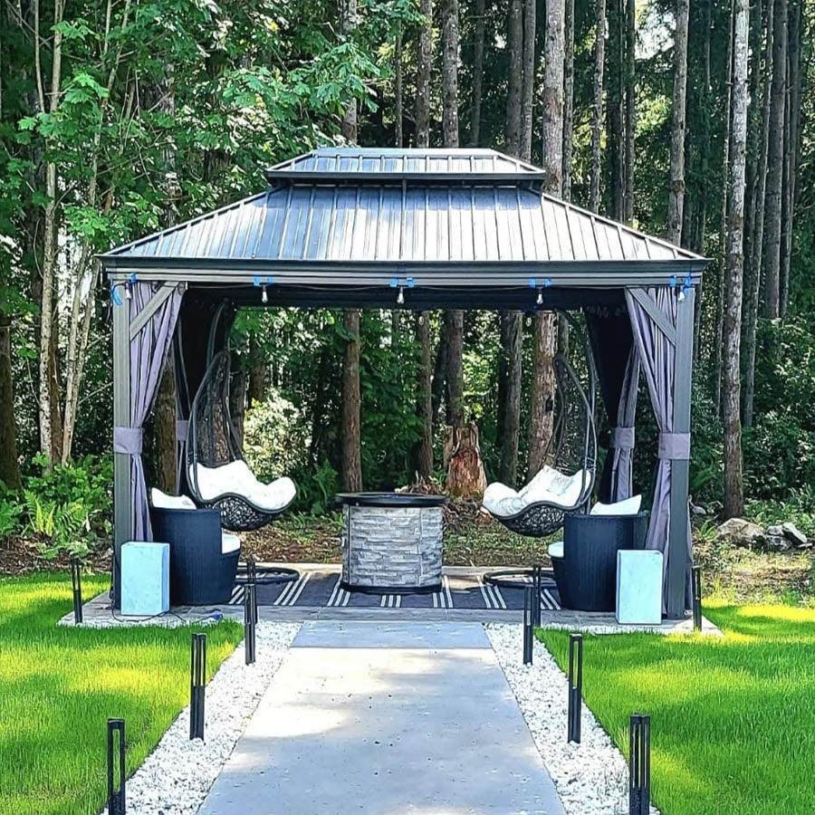 Patio Gazebo for Backyard Grey Hardtop Galvanized Steel Roof Awning with Upgrade Curtain - Image 87