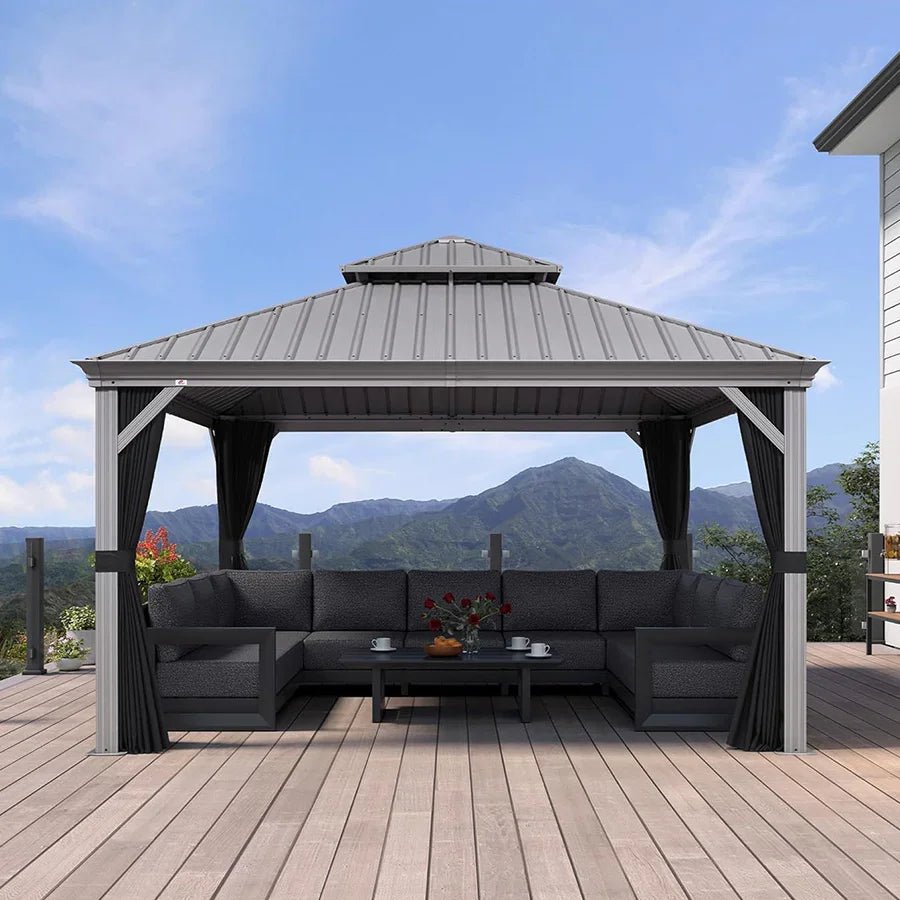 Patio Gazebo for Pool Light Grey Hardtop Galvanized Steel Roof with Upgraded Curtains - Image 104