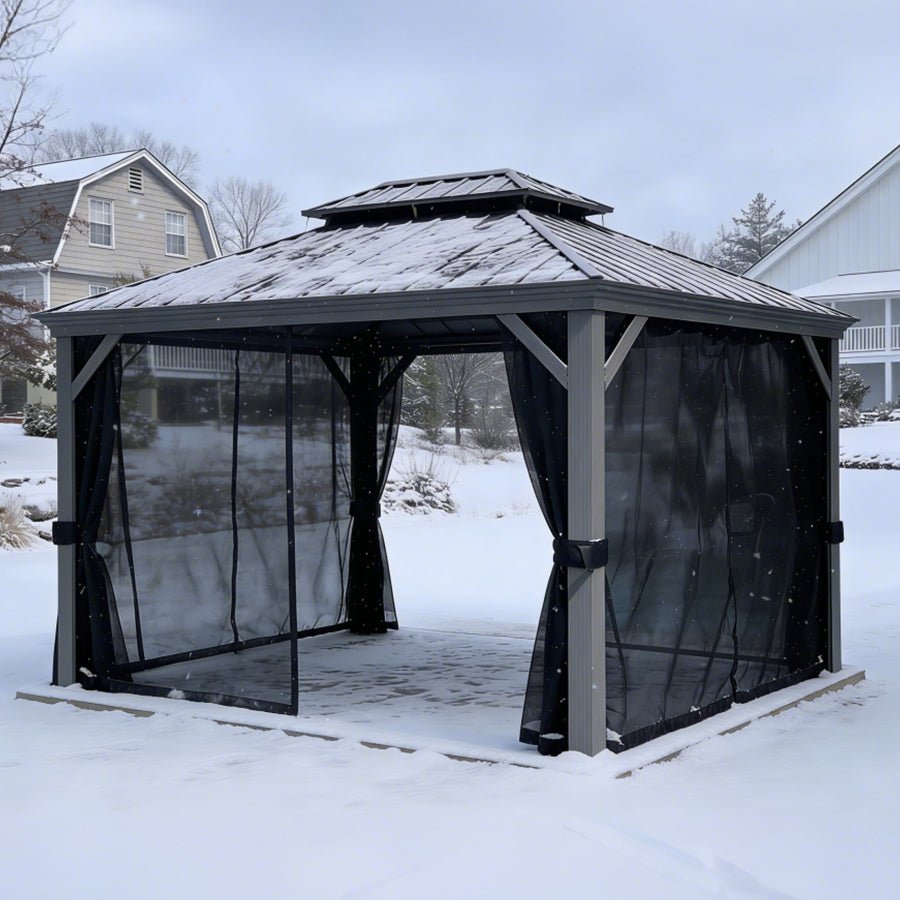 Patio Gazebo for Pool Light Grey Hardtop Galvanized Steel Roof with Upgraded Curtains - Image 95