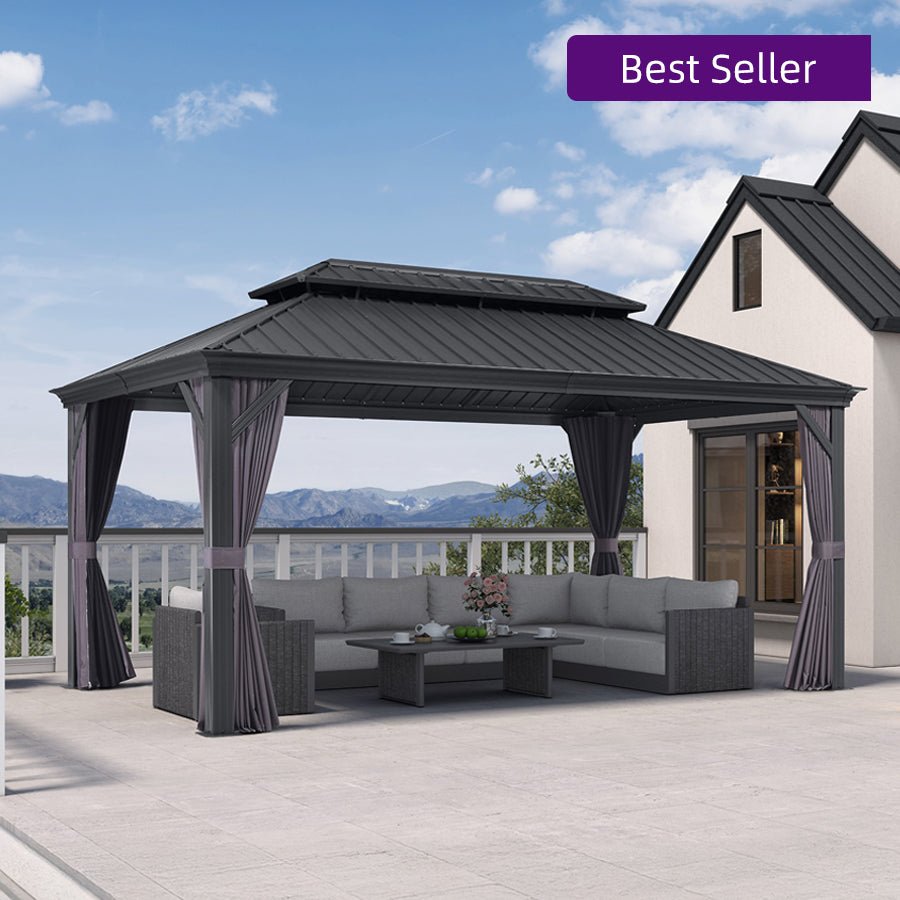 Patio Gazebo for Backyard Grey Hardtop Galvanized Steel Roof Awning with Upgrade Curtain - Image 198